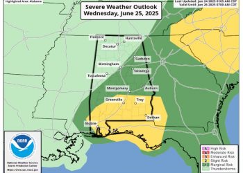 국립 기상청, 오는 25일과 26일 앨라배마 지역 여름 폭풍 예보