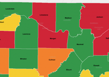 앨라배마 북부 5개 카운티, 코로나 바이러스 고위험군