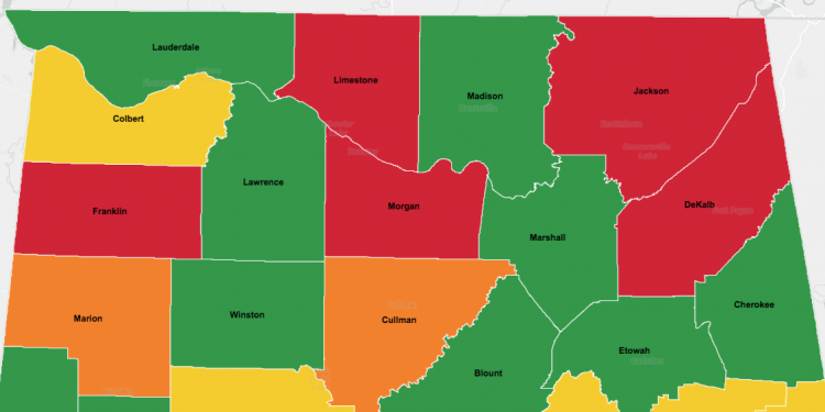 앨라배마 북부 5개 카운티, 코로나 바이러스 고위험군