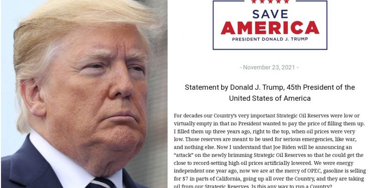 트럼프, 바이든의 비축유 5천만 배럴 해제 명령 비난