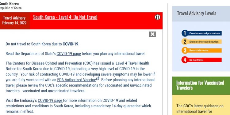 [긴급] 美 국무부, 한국 “여행금지” 4단계 경보