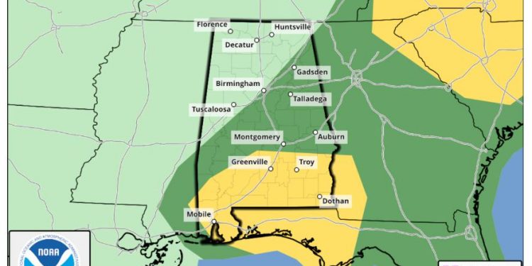 국립 기상청, 오는 25일과 26일 앨라배마 지역 여름 폭풍 예보